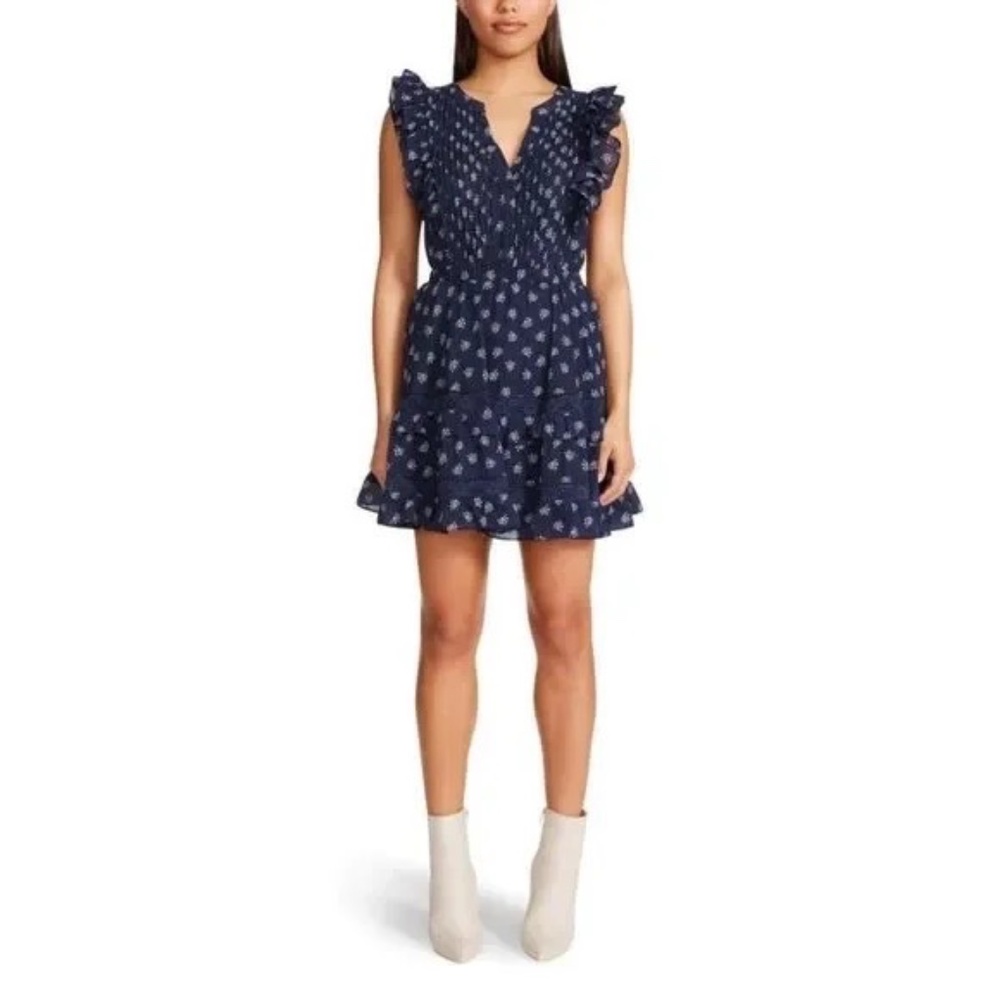 BB Dakota X Steve Madden - Blue Floral Mini Dress with Ruffle Sleeve - Small